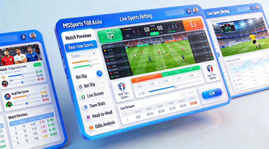 Animasi navigasi platform MSports M88 Asia menunjukkan berbagai fitur taruhan olahraga live dan pratinjau pertandingan