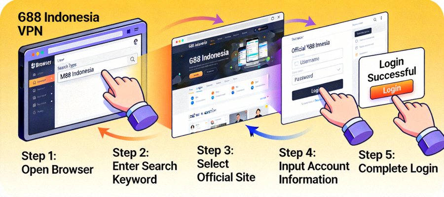 Animasi proses login M88 Indonesia tanpa VPN yang menunjukkan langkah-langkah dari membuka browser hingga berhasil masuk ke akun